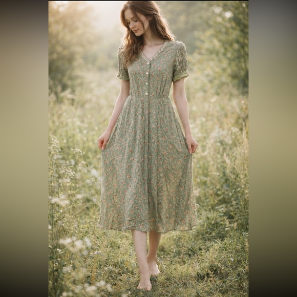 Vintage April Cornell Floral Dress Cottagecore Prairie Button Front Tie Back - Picture 12 of 12